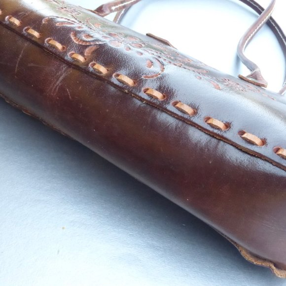 Tooled Floral Authentic Brown Leather Shoulder Bag - Picture 5 of 16